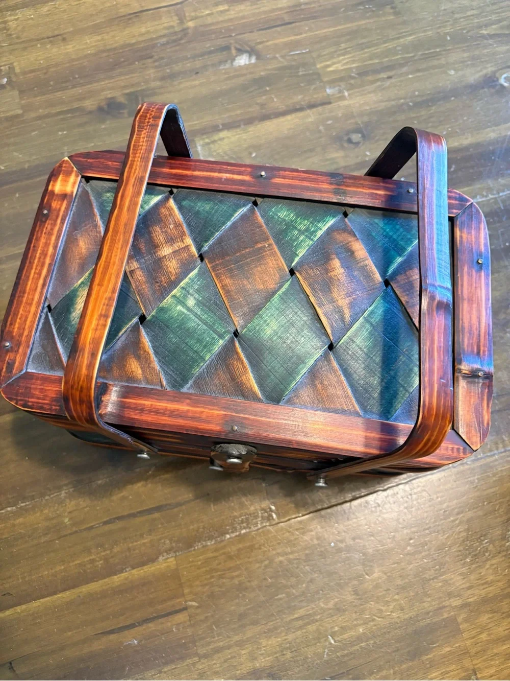 Vintage Woven Bamboo Small Basket Sewing Picnic Green Storage Checked  Granny